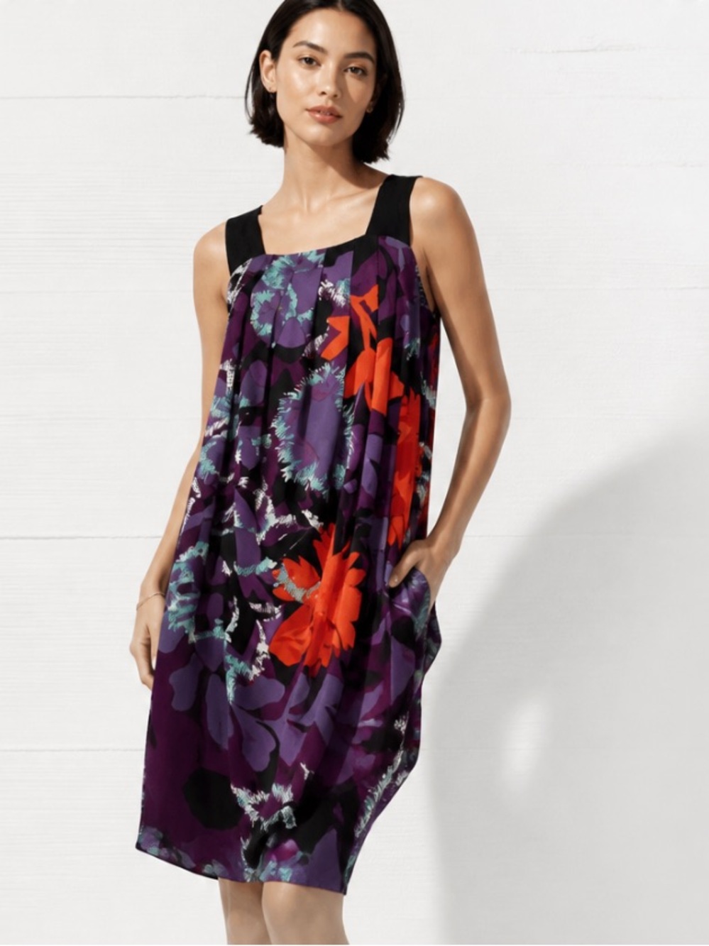 ALI RO Dress Silk Layered Blouson Print Pleated $268 Sleeveless